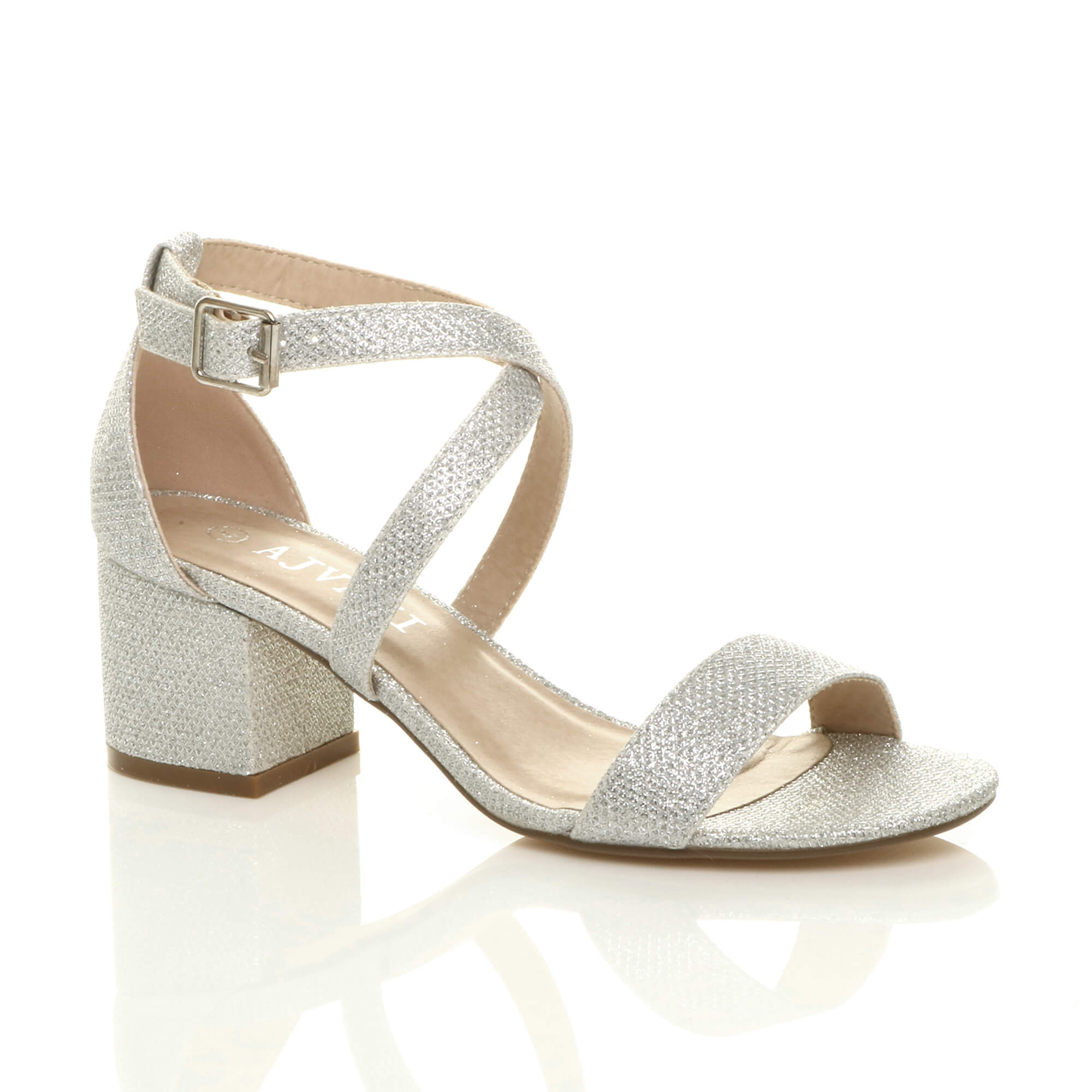 Silver AJVANI Silver Mid Block Heel Crossed Straps Sandals, Image 1 of 6