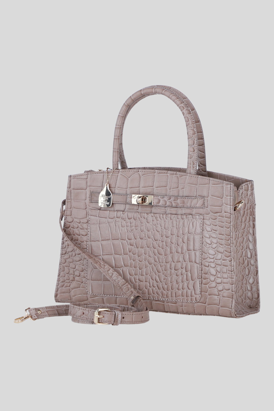 Grey Real Leather Structured Handbag with Detachable Strap, Image 2 of 4