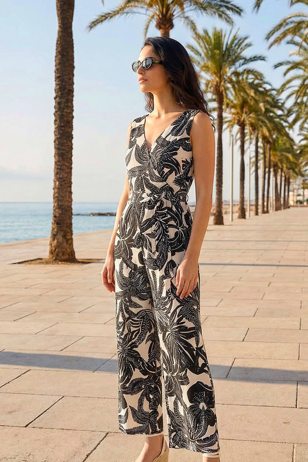 Black Dusk Tropical Palm Print Jumpsuit, Image 3 of 4