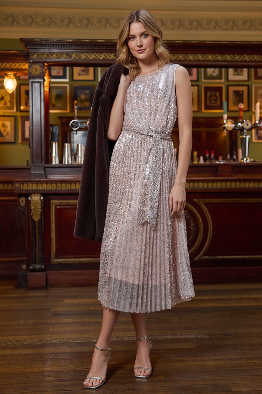 Silver Sequin Pleated Midi Dress, Image 8 of 8