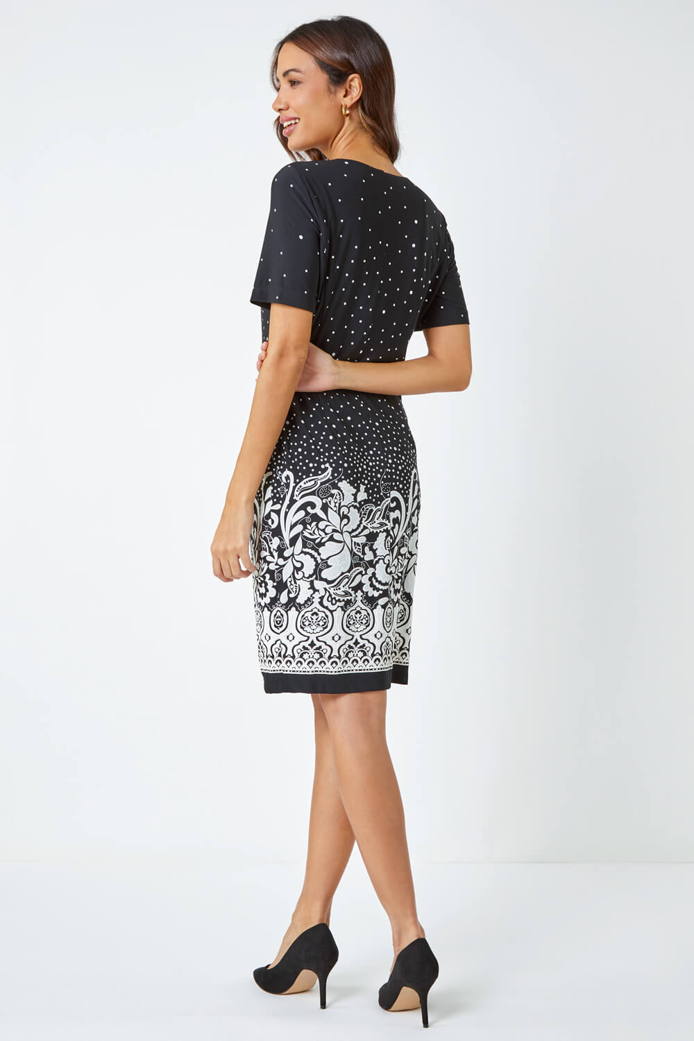 Black Textured Border Print Shift Dress, Image 4 of 5