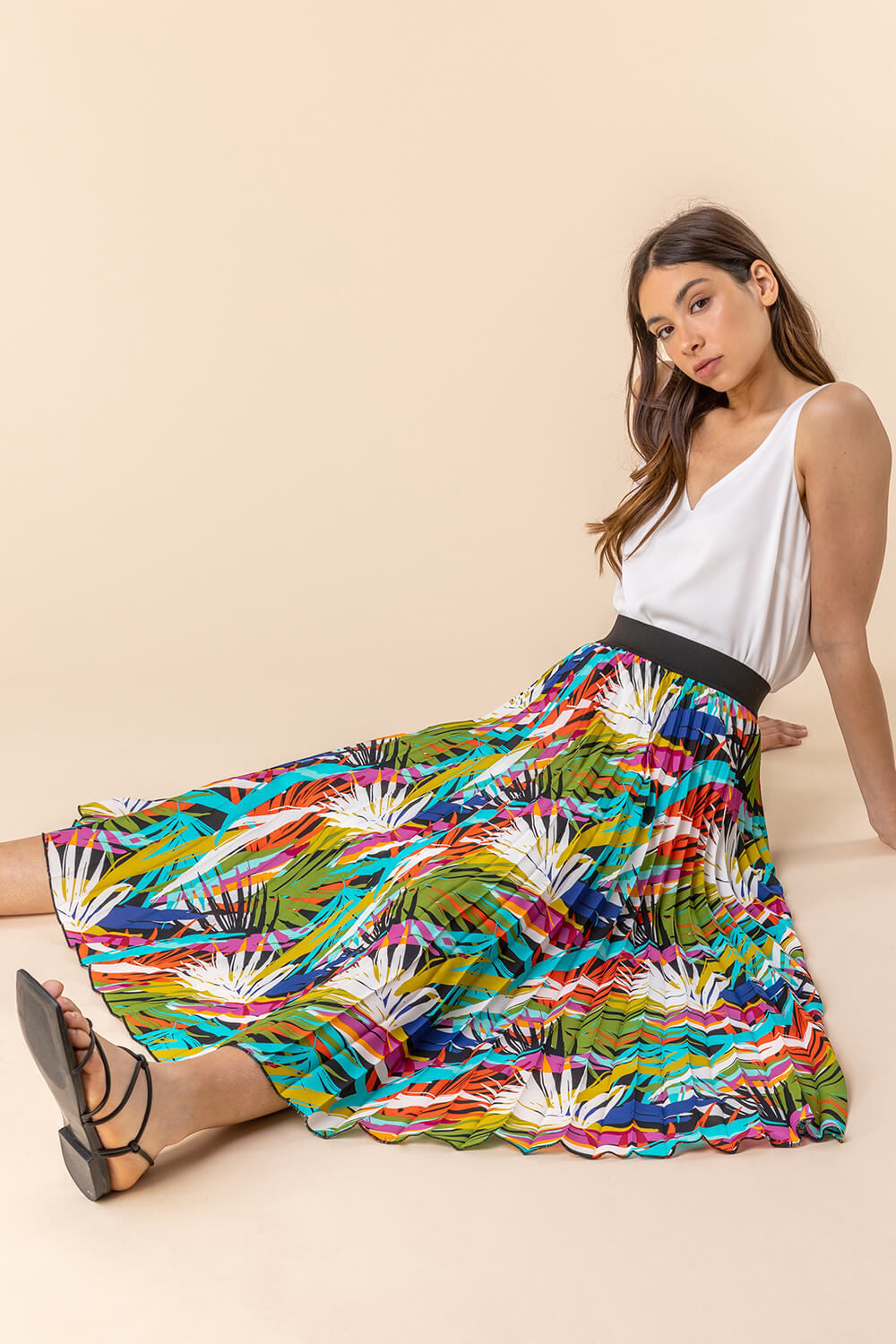 Multi Tropical Leaf Print Pleated Maxi Skirt, Image 5 of 4