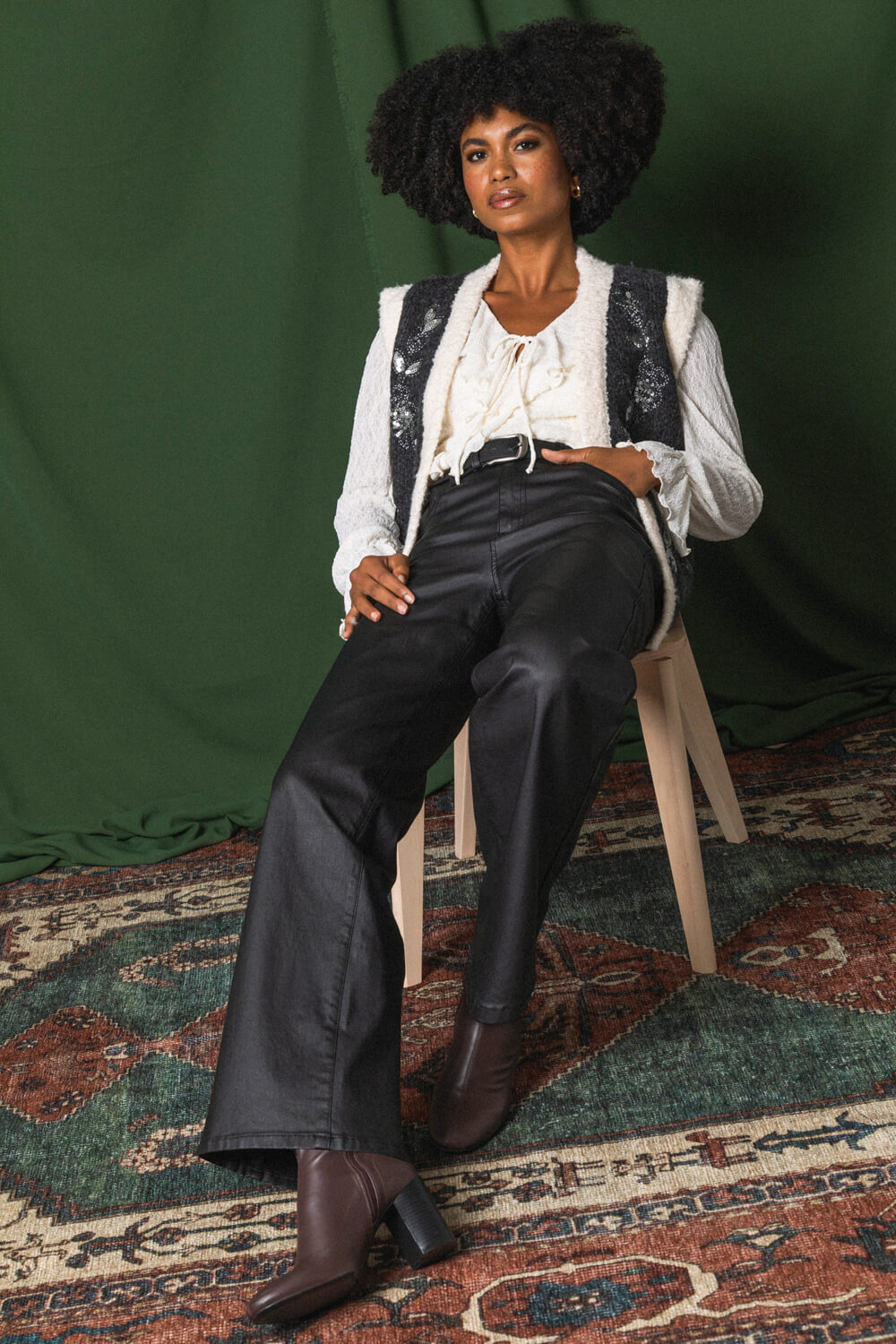 Black Coated Stretch Waist Wide Leg Jeans, Image 1 of 7