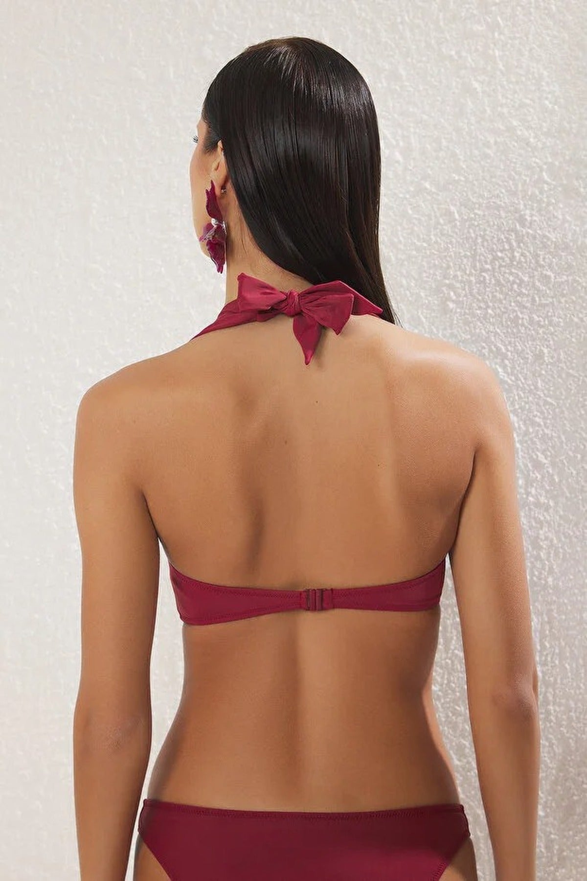 Burgundy Strapless Bandeau Bikini Top with Halterneck Support Strap, Image 4 of 4