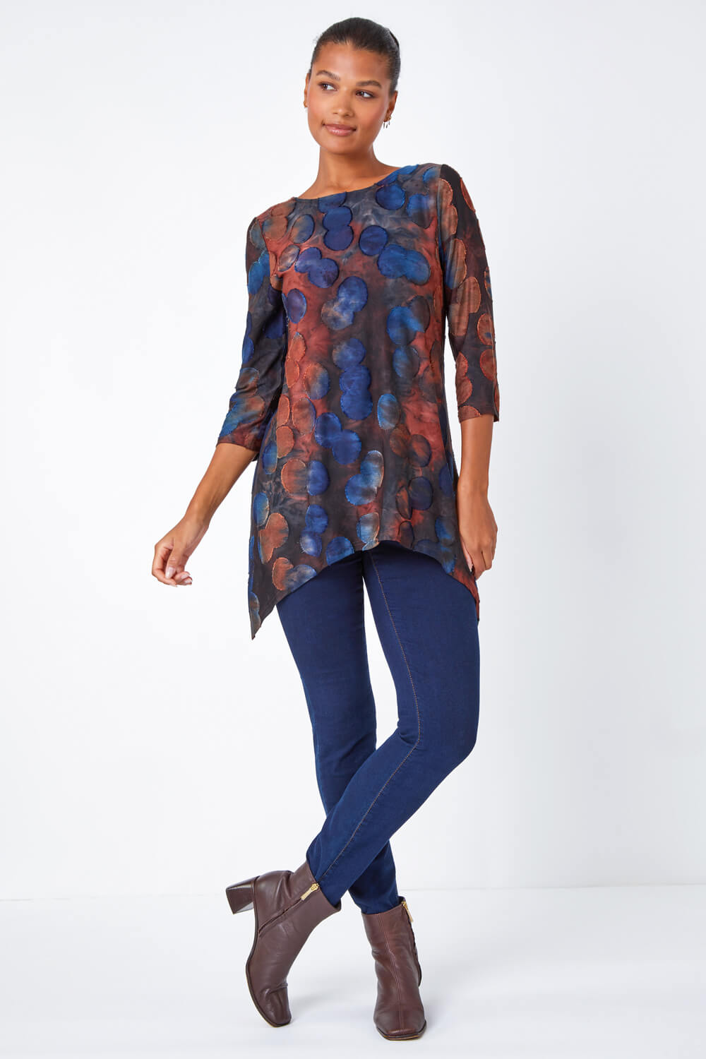 Red Cotton Blend Spot Print Stretch Top, Image 6 of 5