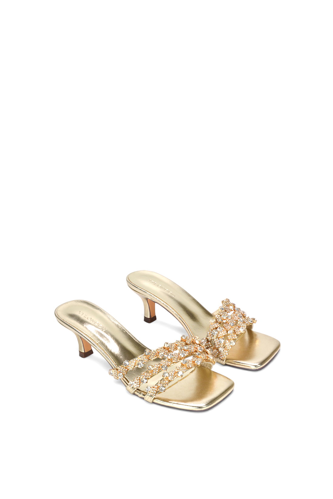 Gold 'Amara' Mid Stiletto Heel Diamante Strappy Heeled Mules, Image 5 of 6
