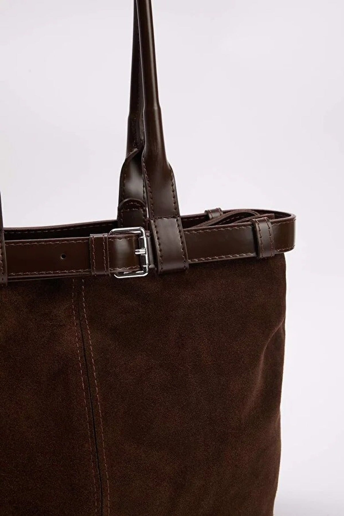 Dark Brown Women's Suede Shoulder Bag with Buckle Detail, Image 2 of 3