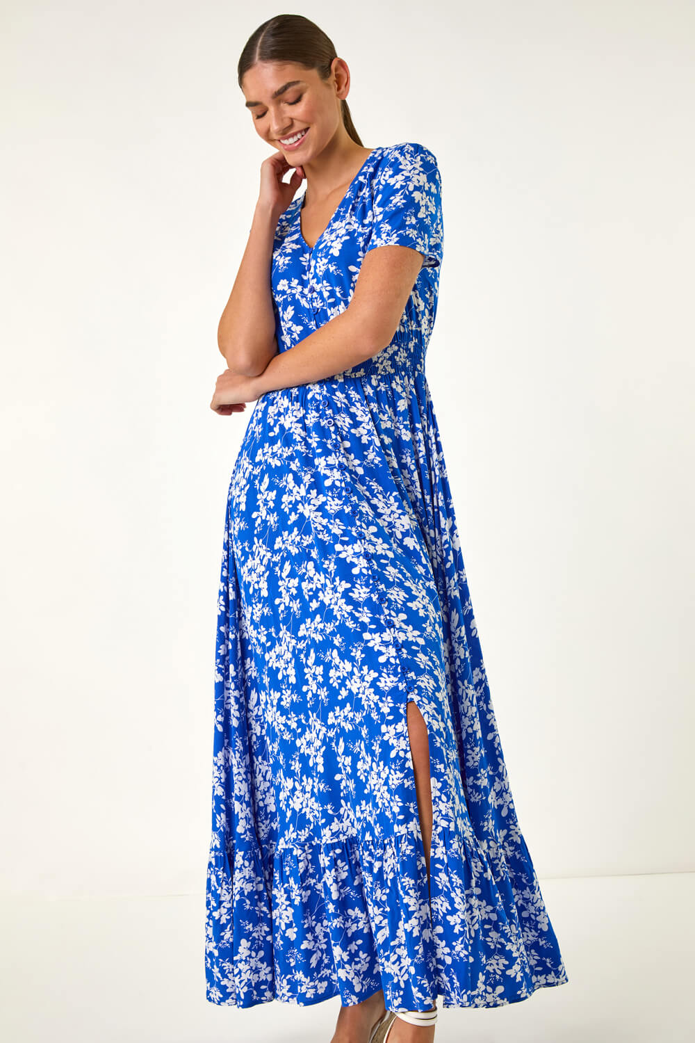 Royal Blue Floral Button Maxi Dress, Image 3 of 5