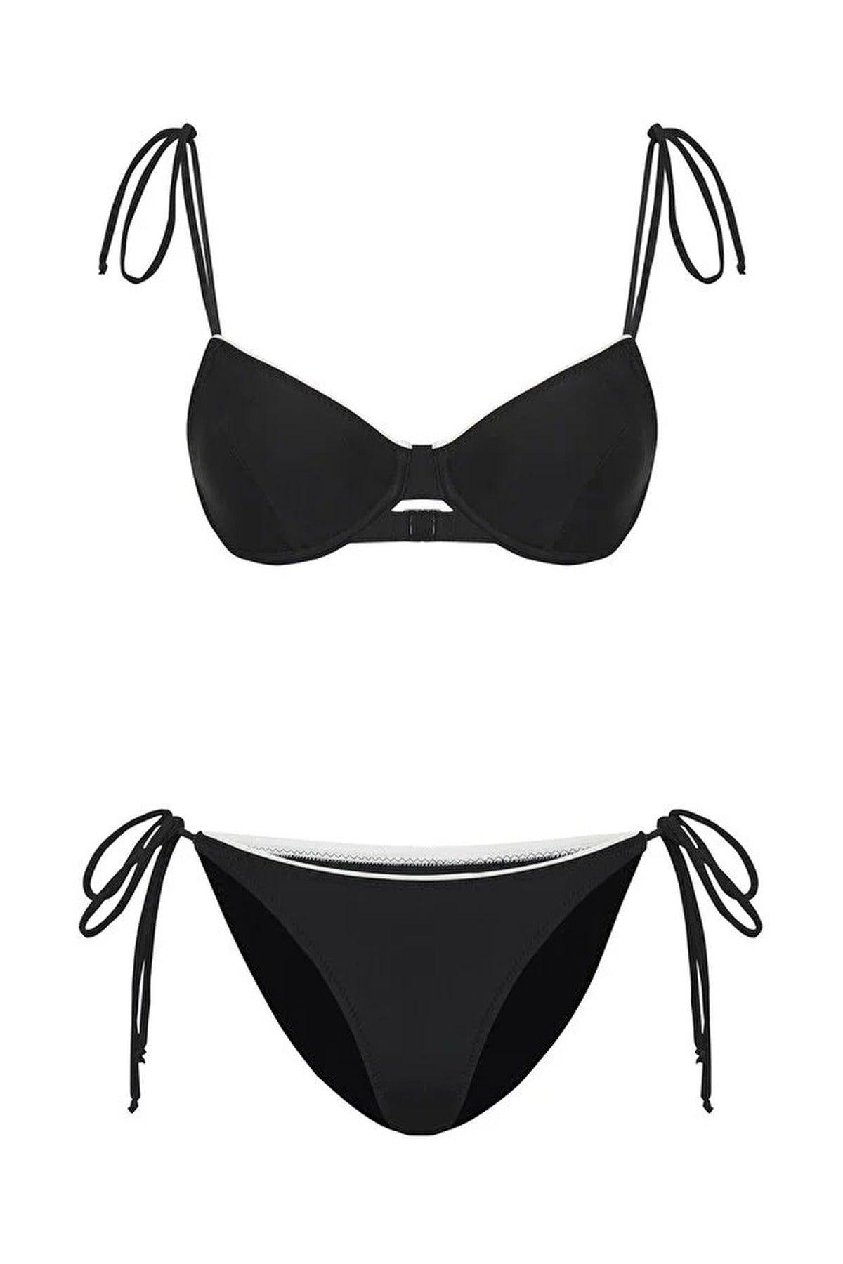 Black Underwired Balconette Tie Side Bikini Set with Strappy Detail, Image 3 of 4
