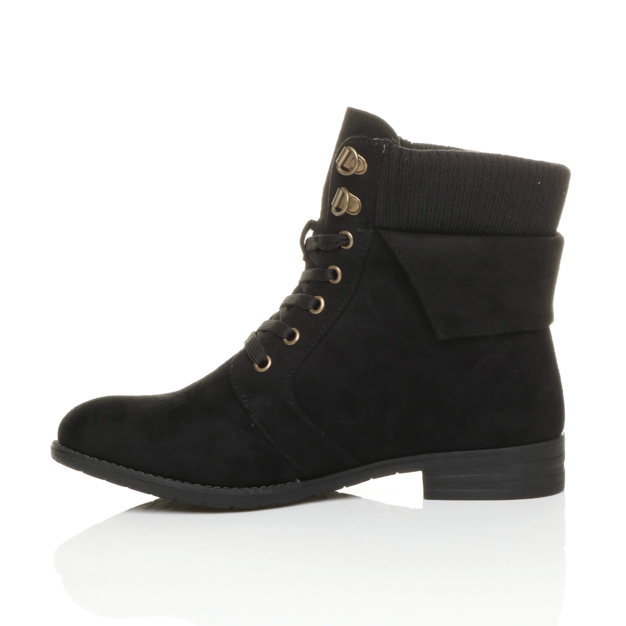 Black Lace Up Knitted Collar Biker Ankle Boots, Image 3 of 6