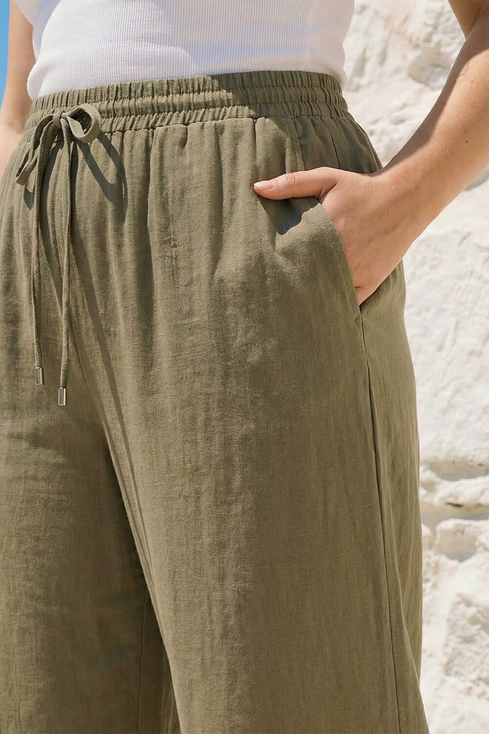 Khaki Curve Linen Blend Trousers, Image 5 of 4