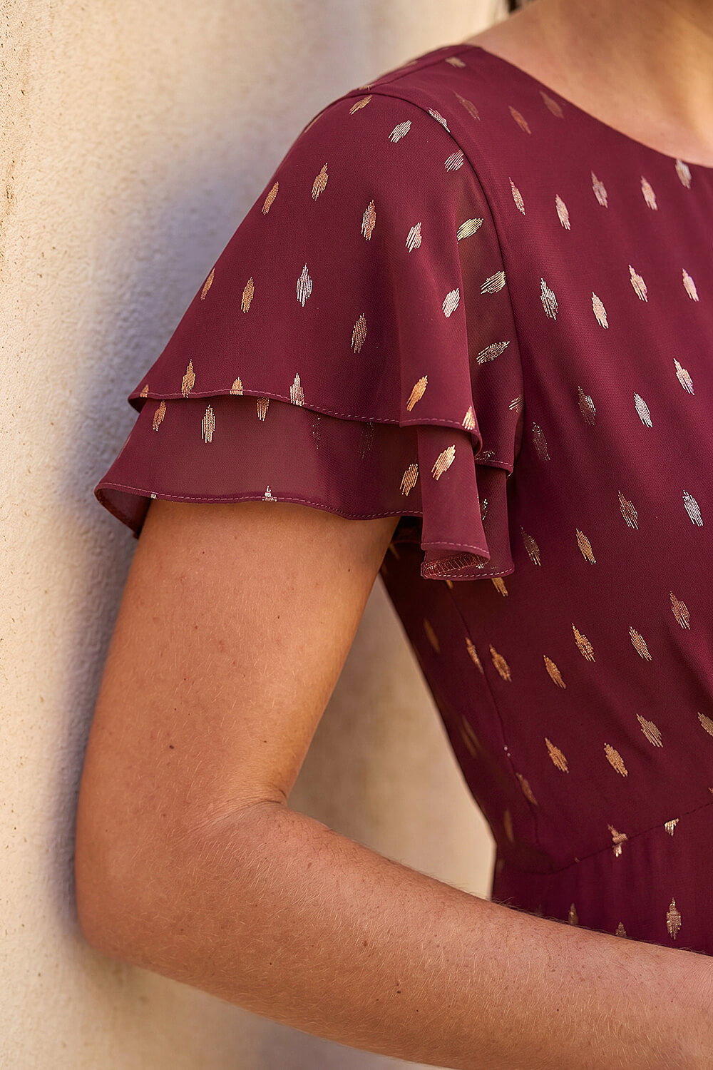 Wine Petite Foil Frill Dress, Image 5 of 4