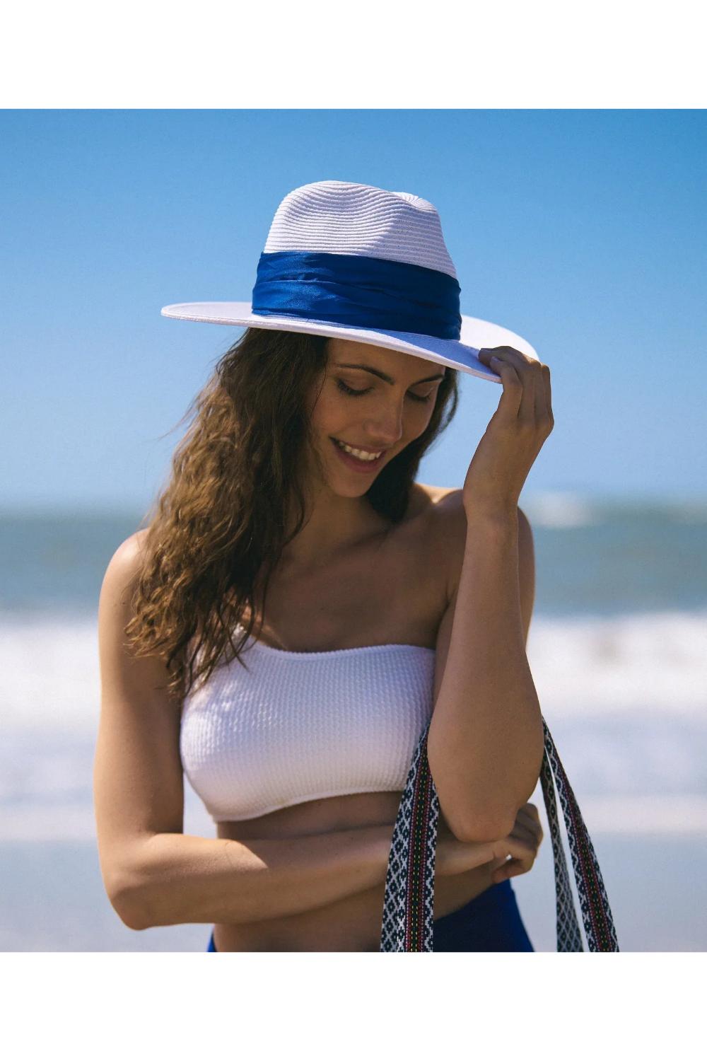 Blue Zina - Straw Fedora With Contrast Satin Band - Navy