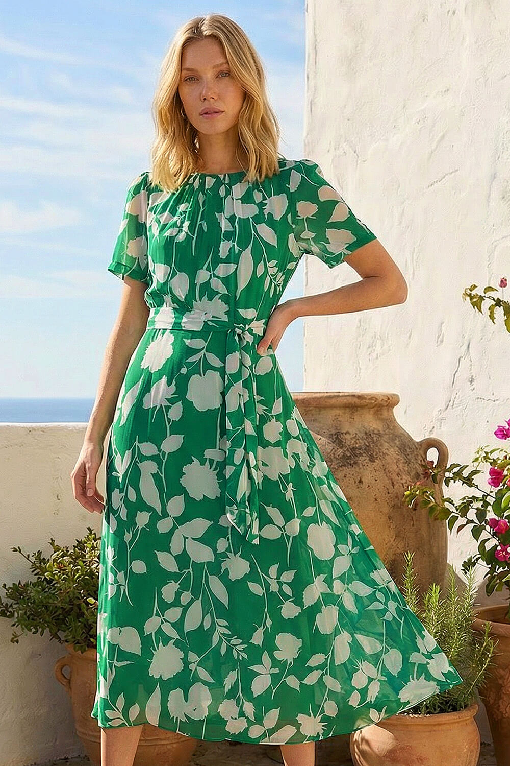 Green Flower Print Pleat Neck Midi Dress | Roman UK