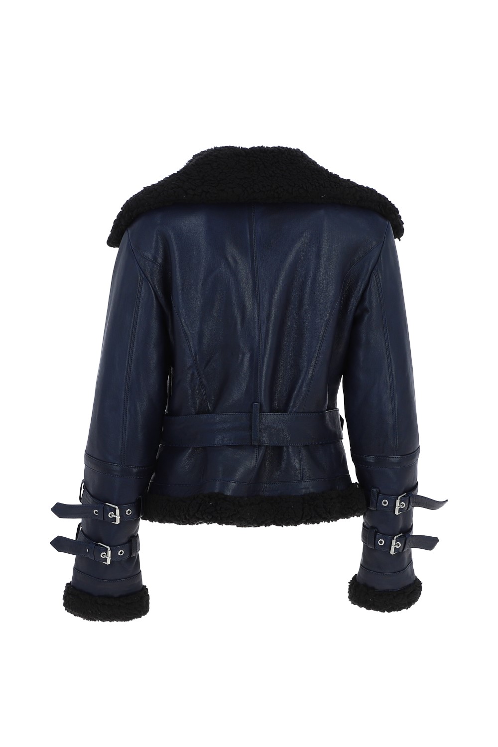 Navy Blue '2420' Ladies Leather Aviator Jacket With Oversized Fur Collar, Image 4 of 5