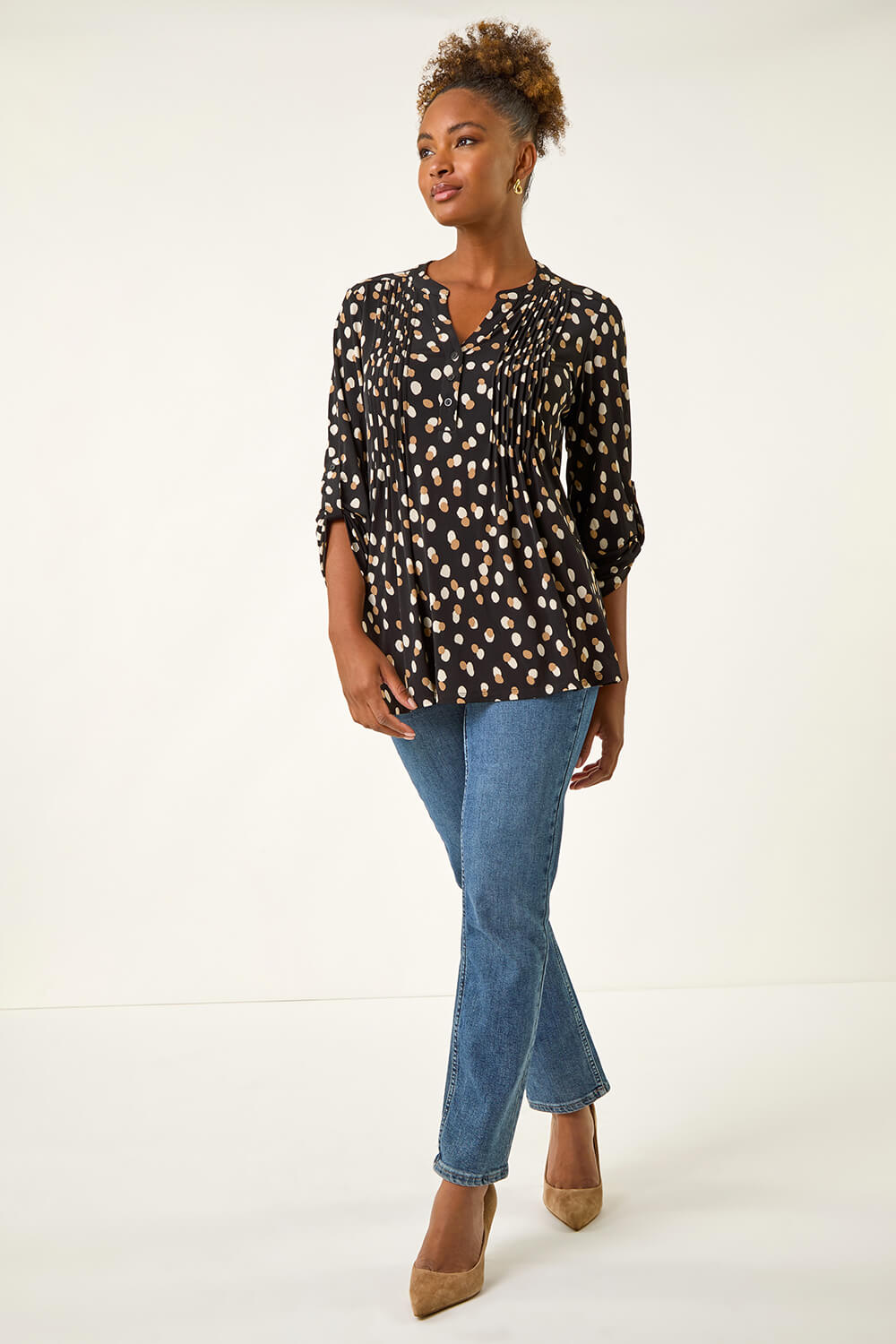 Black Spot Print V-Neck Stretch Shirt , Image 3 of 5