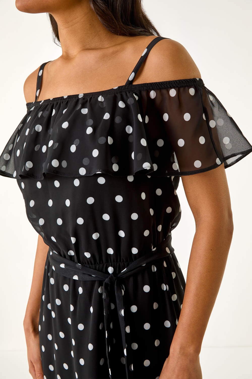 Black Polka Dot Bardot Midi Dress, Image 6 of 5