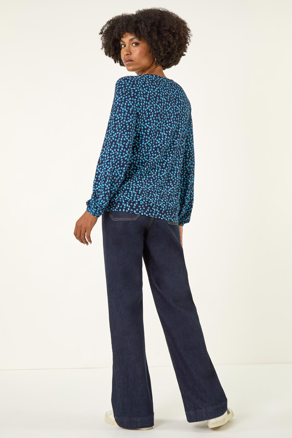 Blue Printed Lace Stretch Top, Image 4 of 5