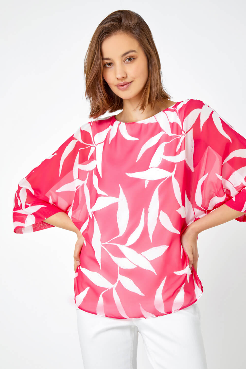 CERISE Leaf Print Chiffon Overlay Top, Image 5 of 5