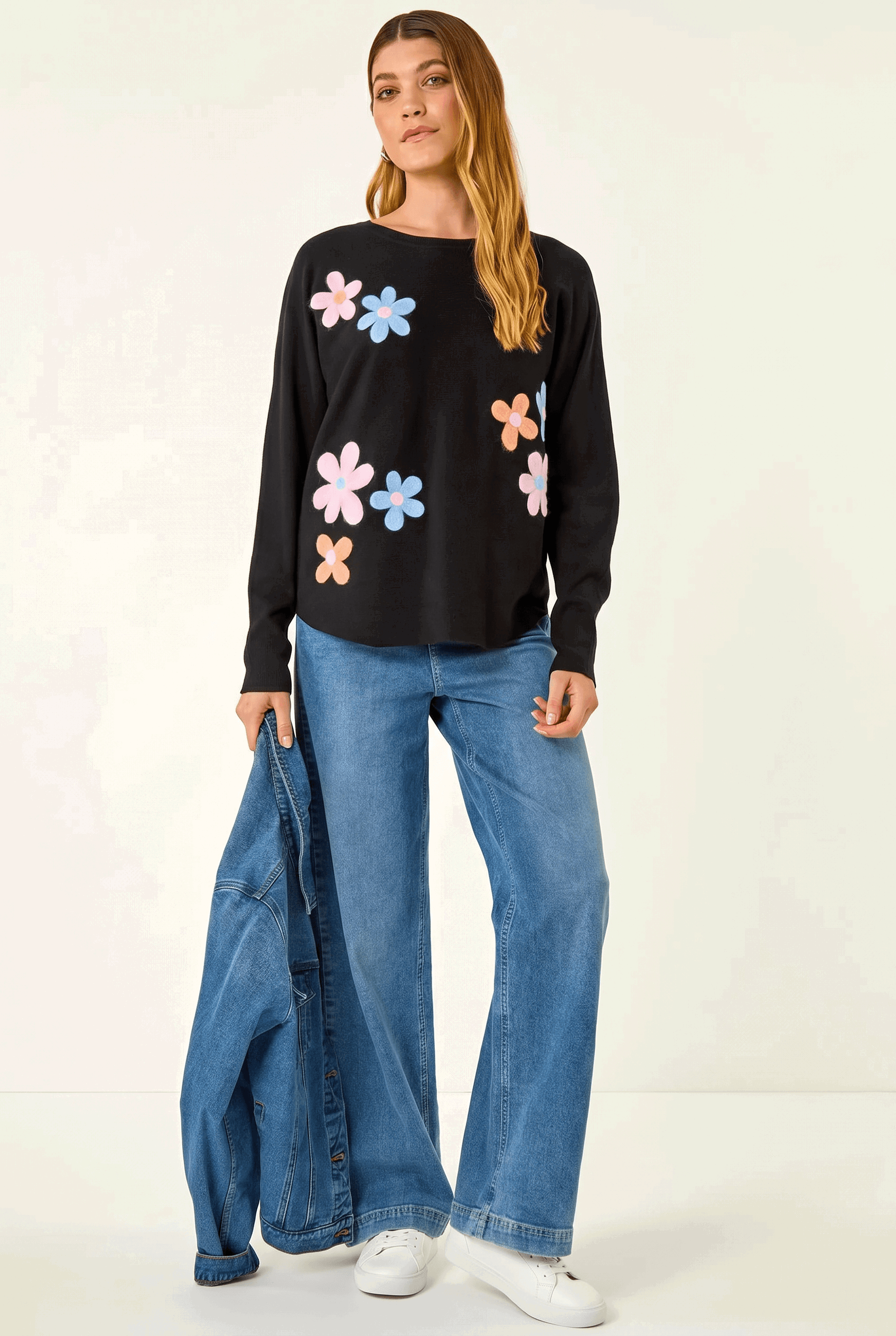 Black Floral Embroidery Knit Jumper, Image 1 of 6