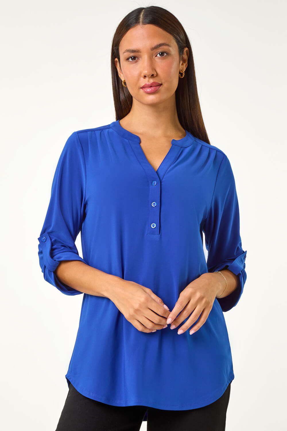 Royal Blue V-Neck Button Detail Stretch Shirt, Image 3 of 5