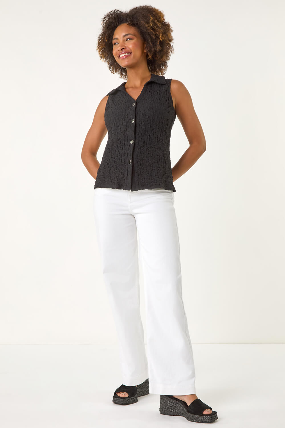 Black Textured Sleeveless Buttoned Blouse, Image 3 of 5
