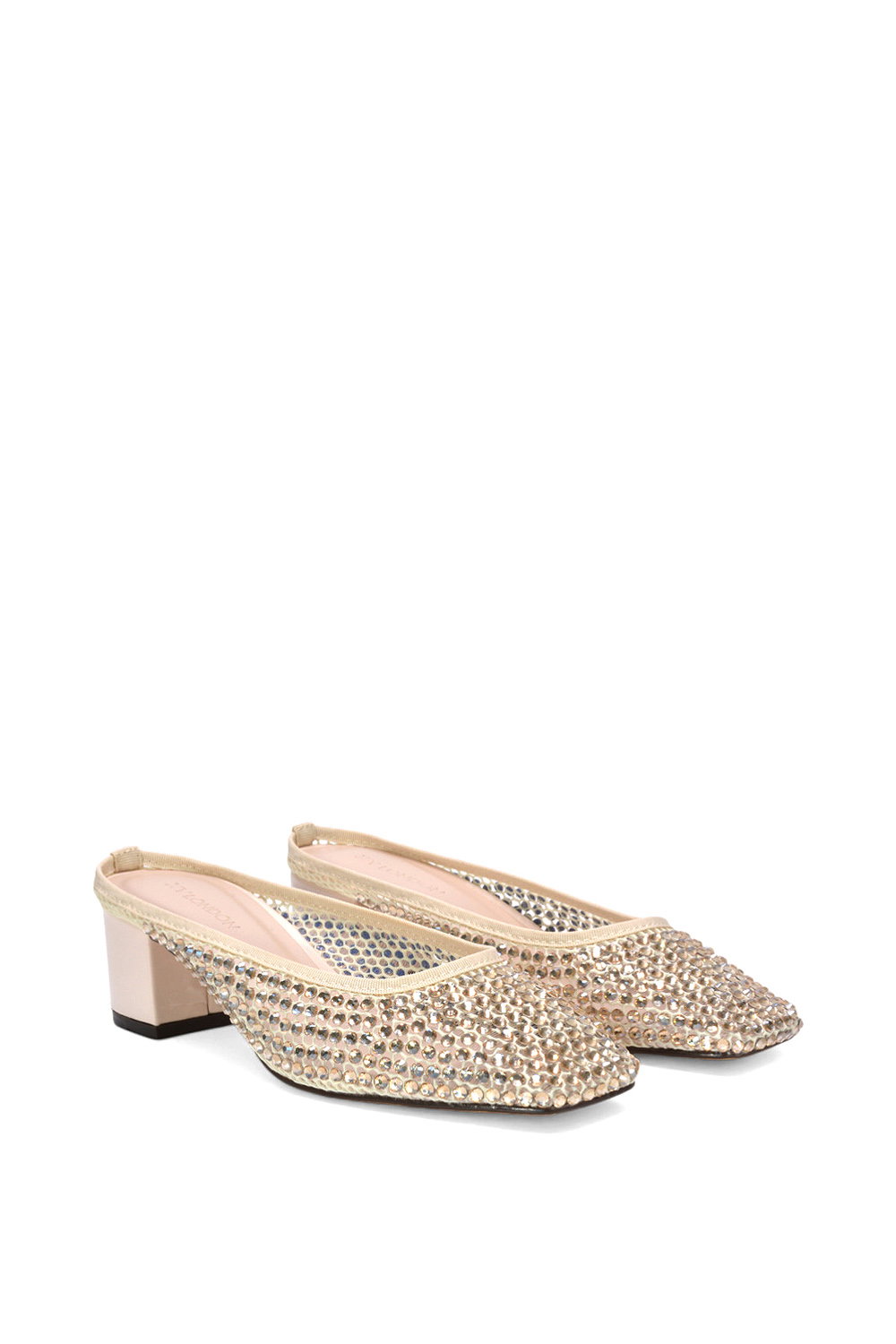 Beige XY LONDON Beige 'Brooklyn' Square Toe Court Shoe Mule Block Heels With Crystal Mesh, Image 3 of 6