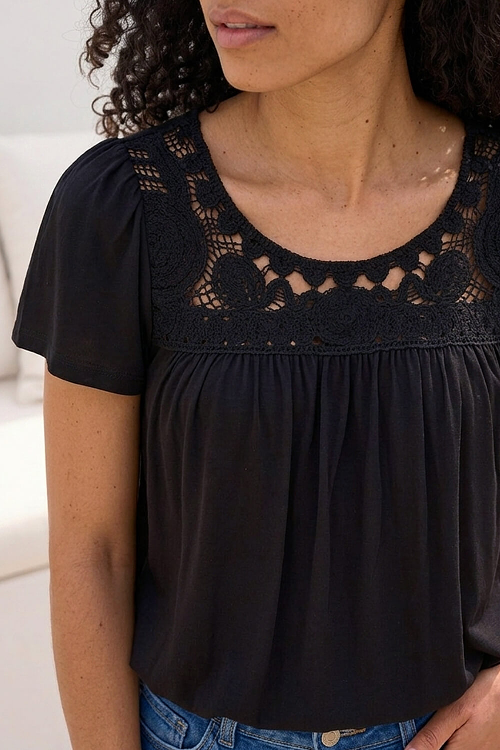 Black Crochet Panel Stretch Top, Image 5 of 4
