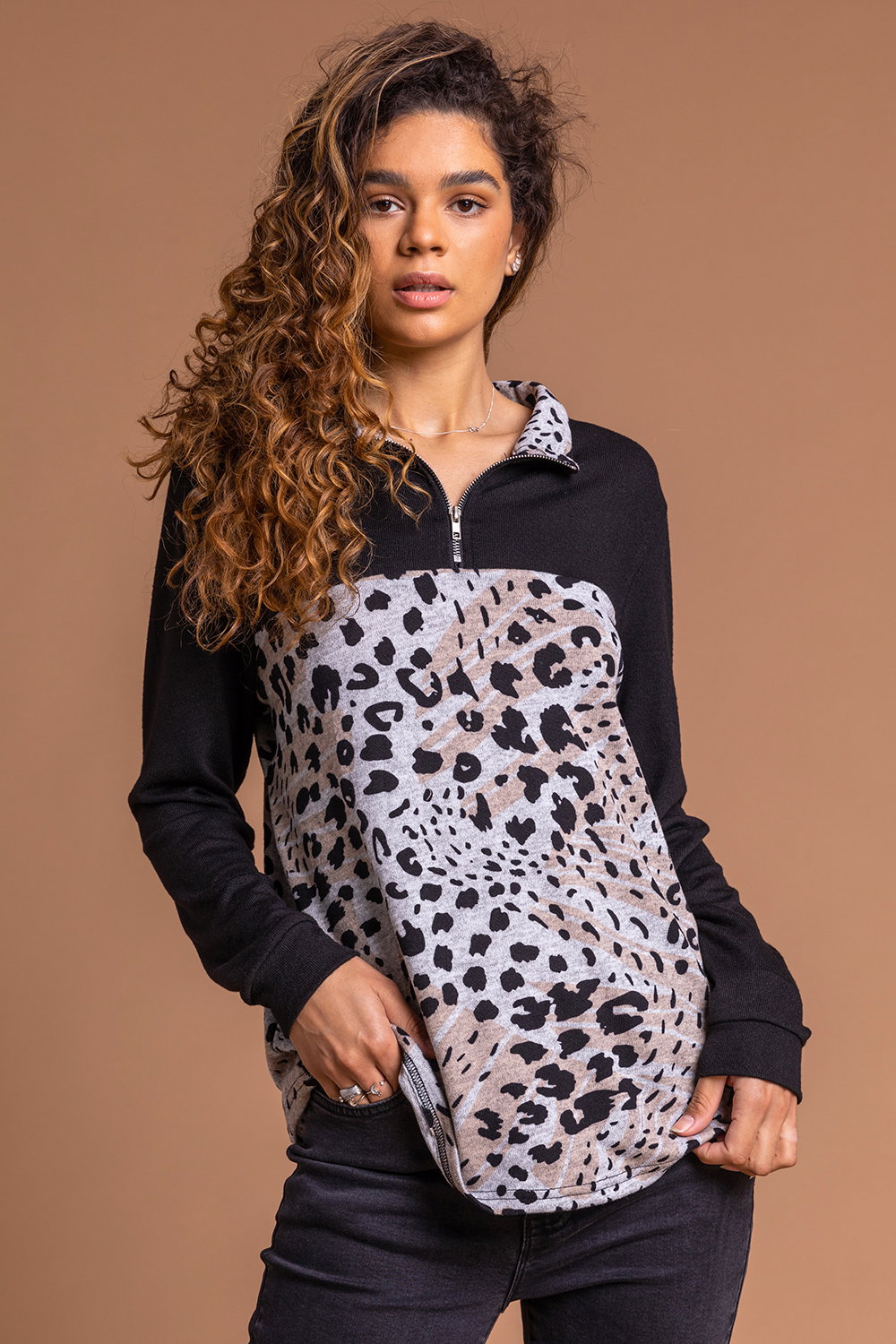 Black Animal Print Contrast Long Sleeve Zip Top, Image 1 of 4