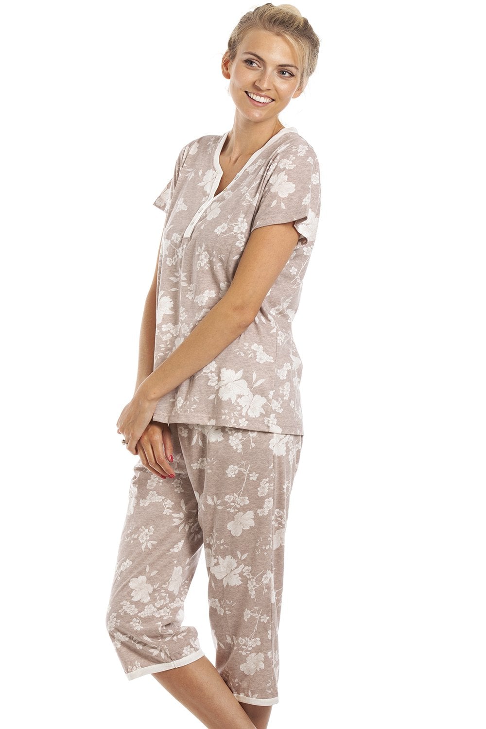 Beige Camille Lingerie Beige Lightweight Floral Capri Pyjama Set, Image 3 of 5