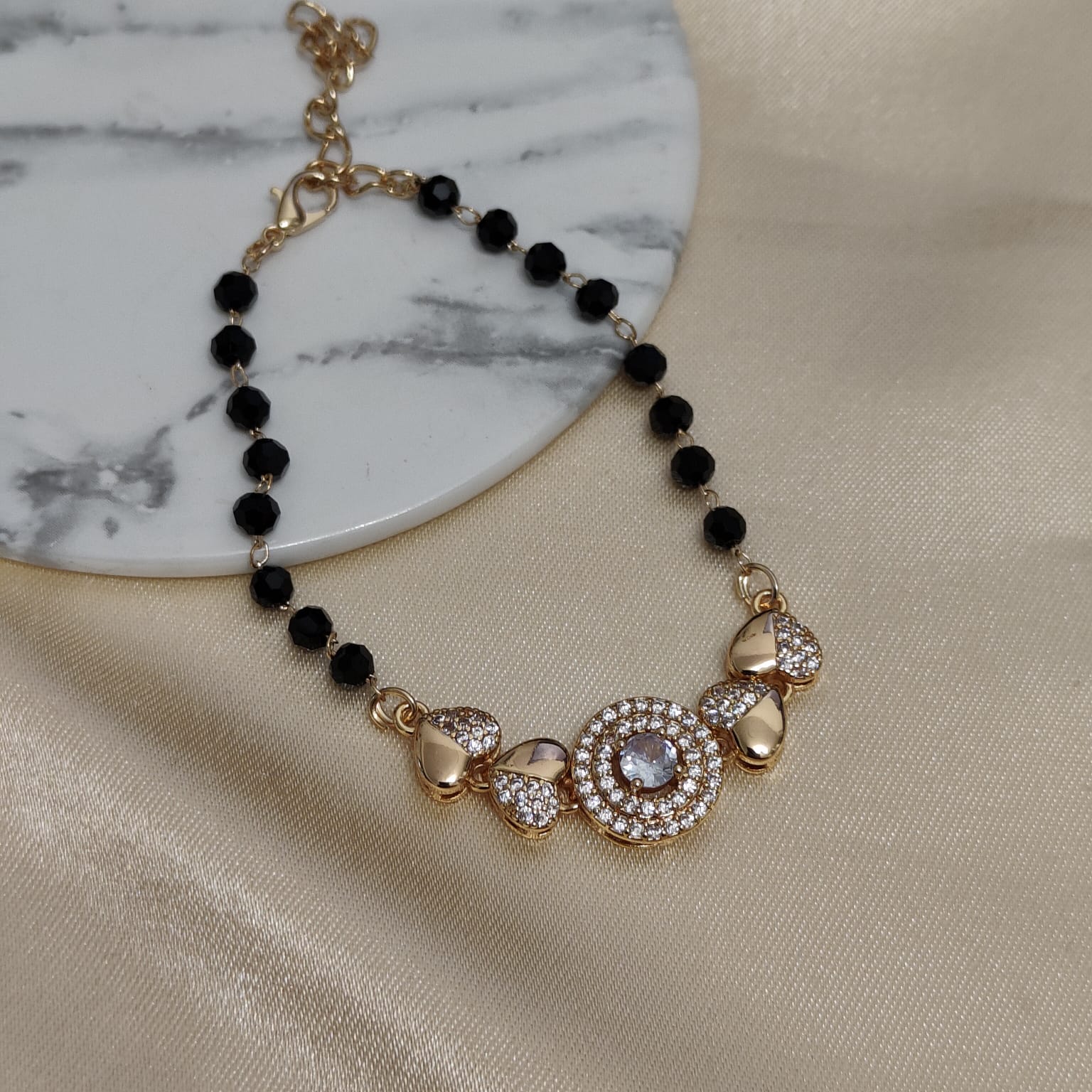 Gold Large Zircon Heart Charm Beaded Adjustable Bracelet, Image 2 of 2