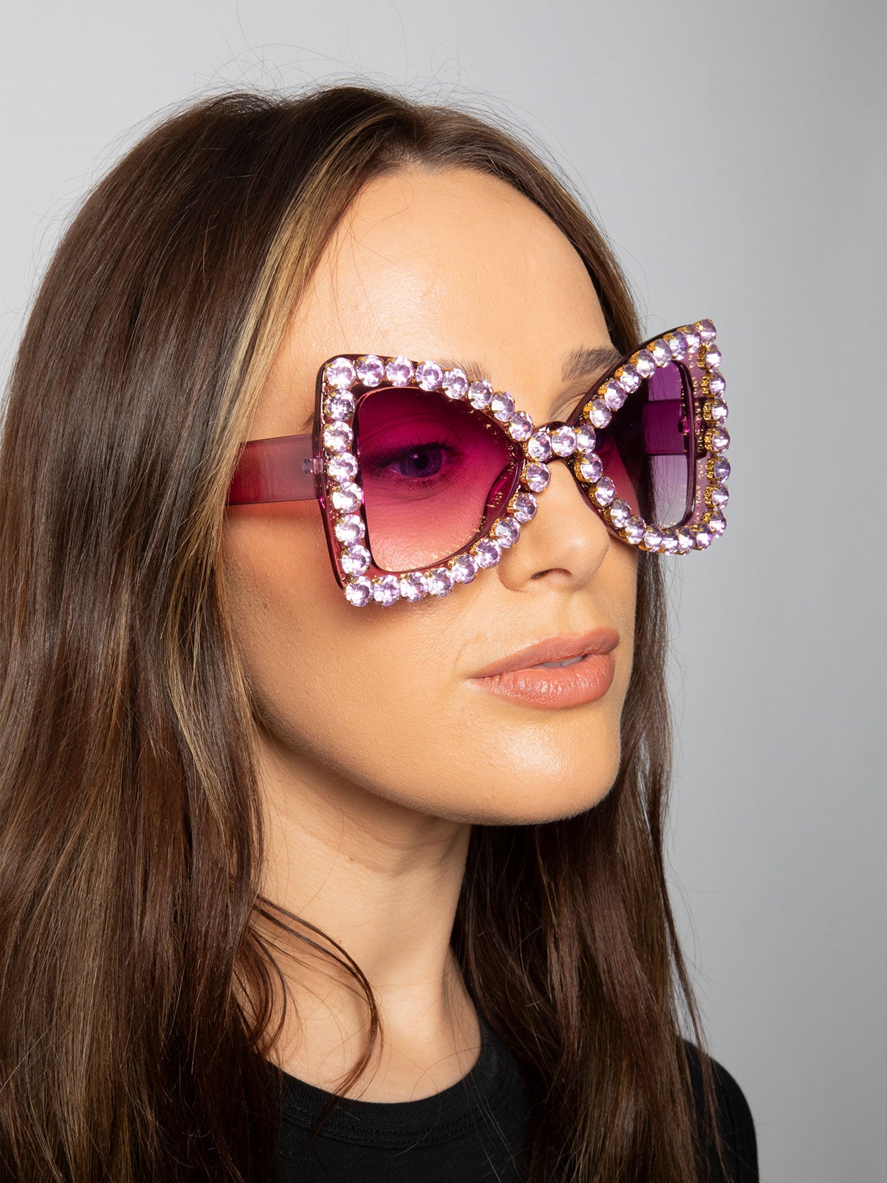 Purple Oversized Triangular Crystal Gem Sunglasses in Purple, Image 2 of 6