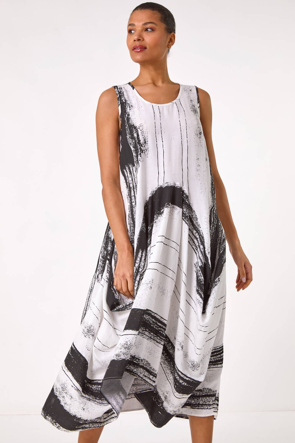 White Abstract Print Bubble Midi Dress, Image 1 of 5