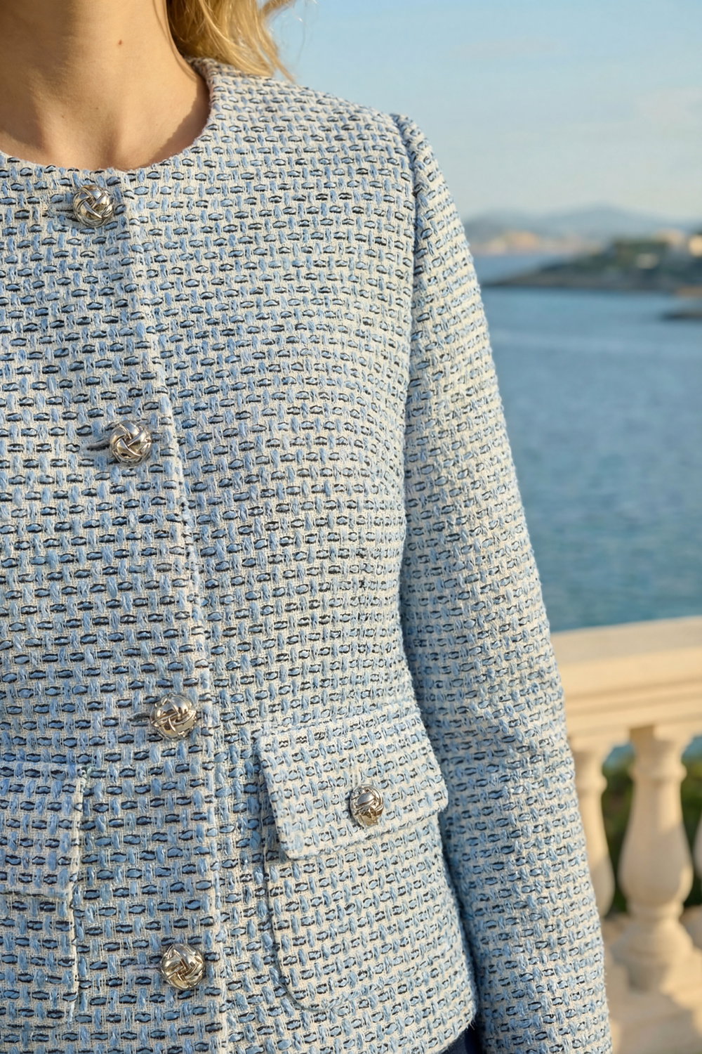 Blue Collarless Boucle Jacket, Image 5 of 4