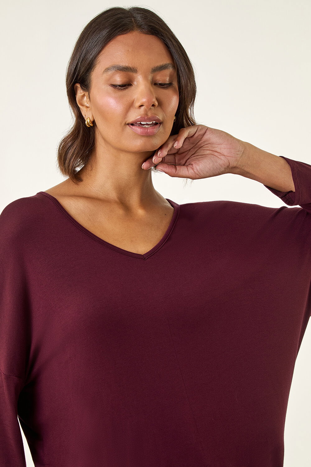 Burgundy V-Neck Jersey Stretch T-Shirt, Image 5 of 5