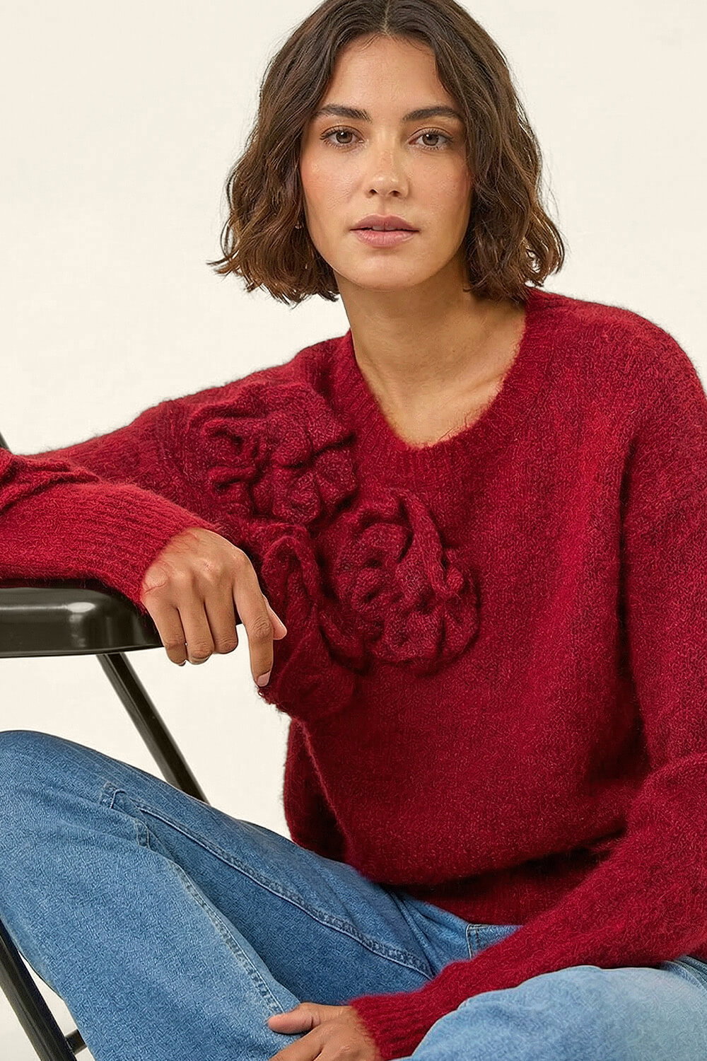 Red Chunky Floral Knit Jumper, Image 1 of 5