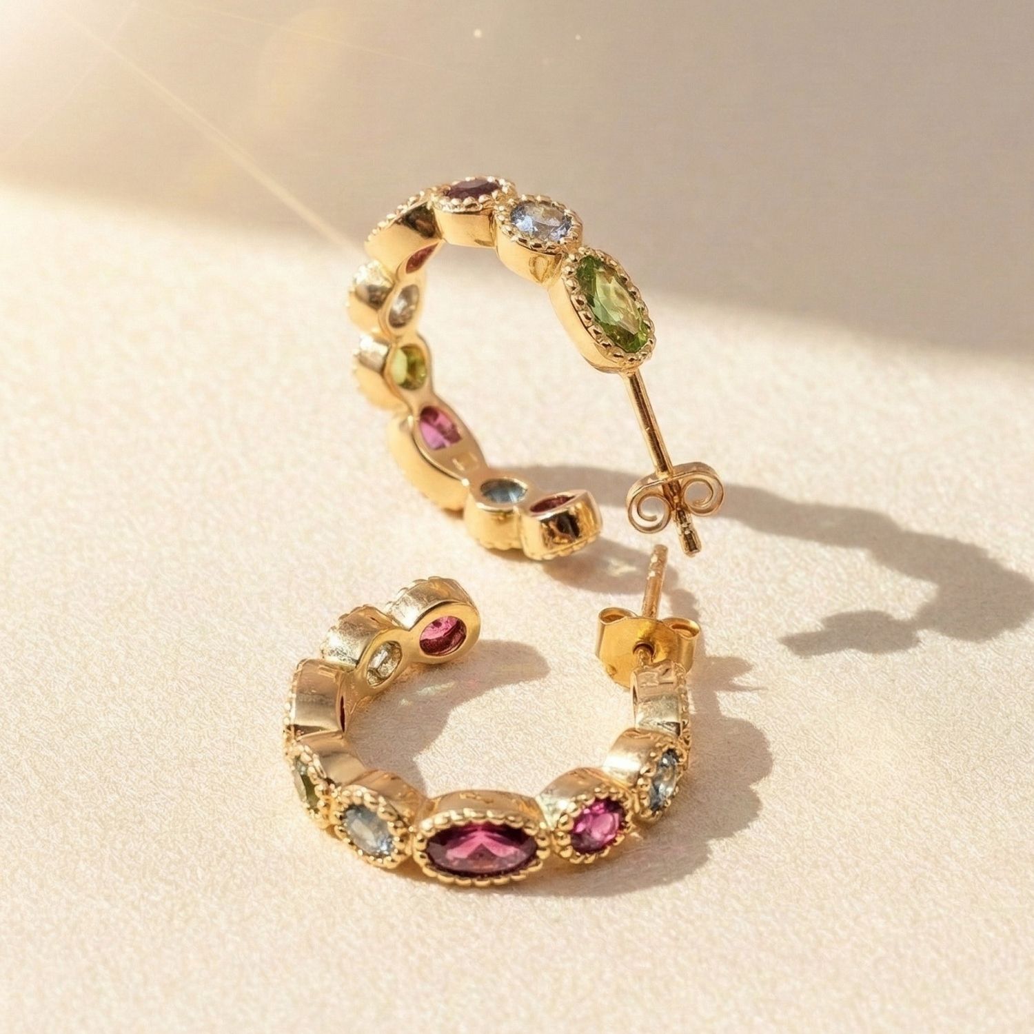 Multi Multicolour Gemstone Gold Plated Hoop Earrings, Image 4 of 5