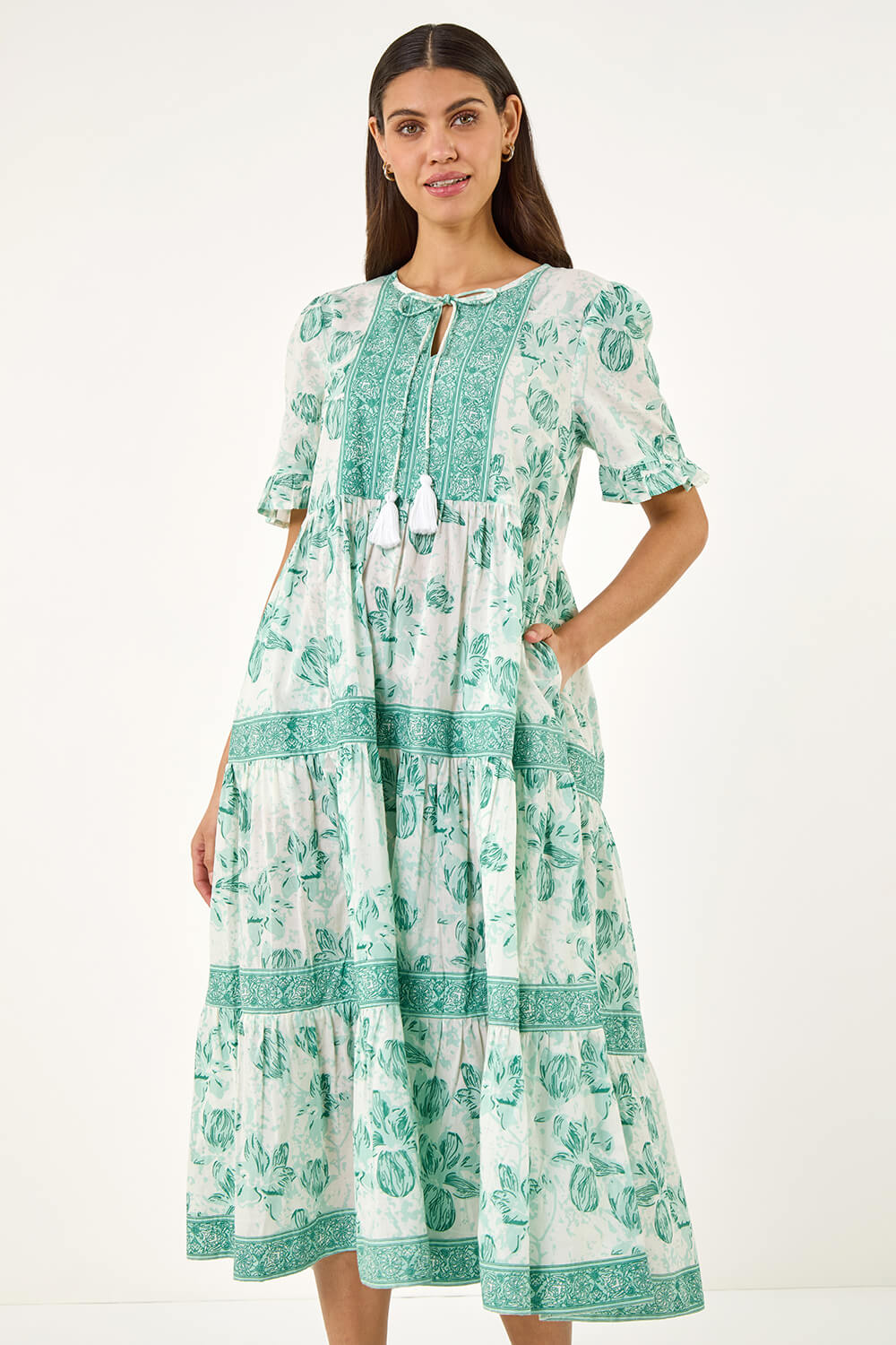 Teal Floral Print Tiered Midi Dress, Image 3 of 5
