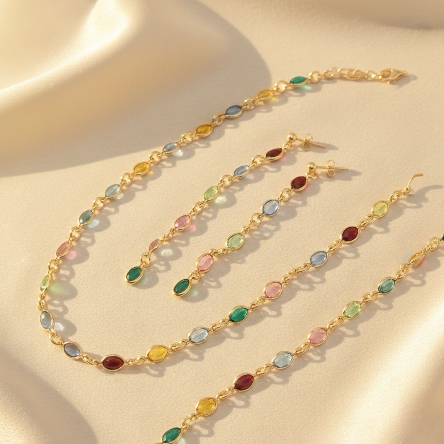 Gold Dangle Multi Gemstone Crystal Drop Gold Plated Earrings, Image 5 of 5