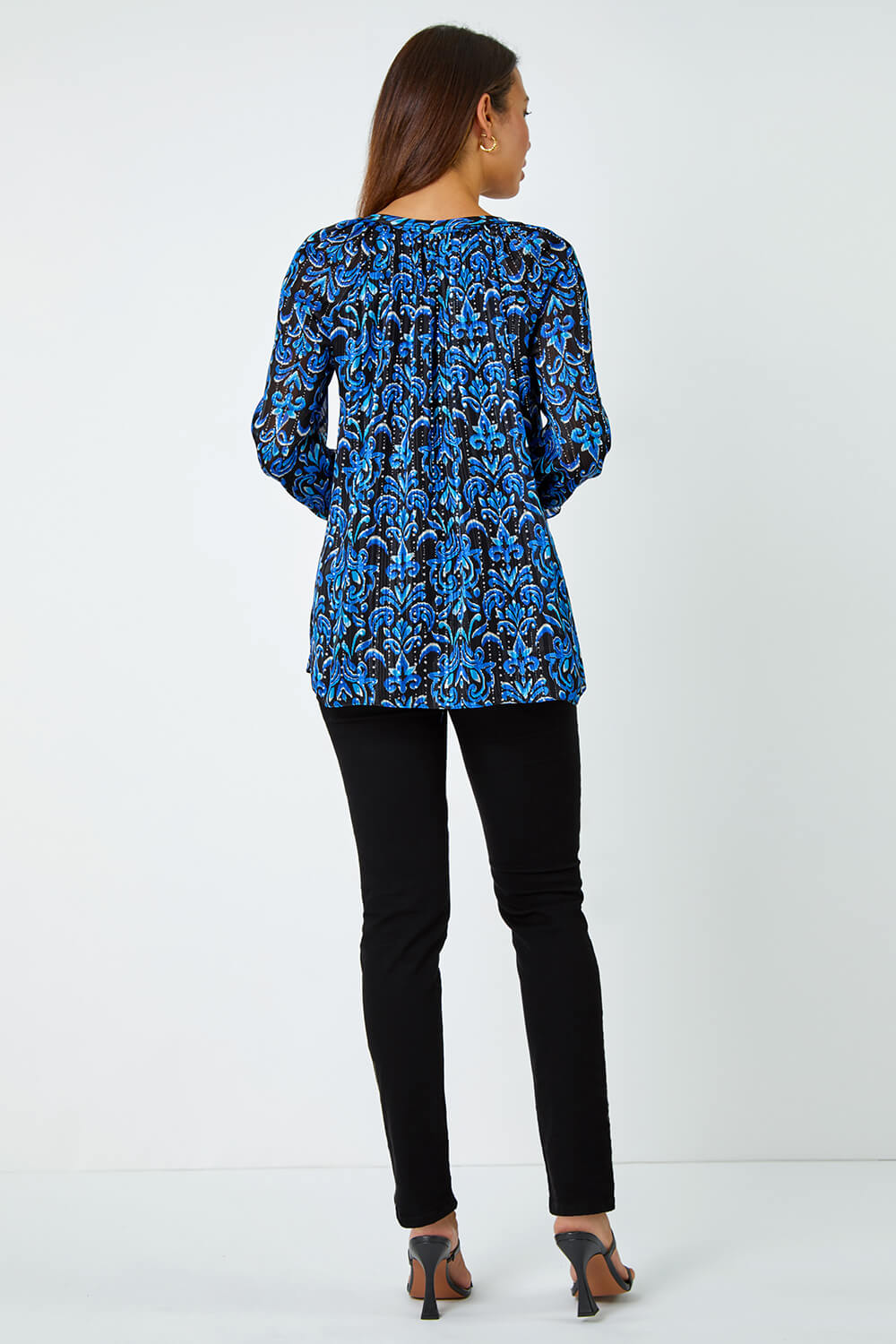 Blue Metallic Print V-Neck Chiffon Blouse, Image 4 of 5