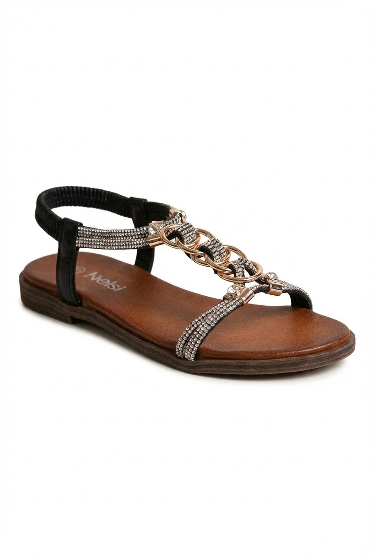 Black iKrush Black Grace Rhinestone Chain Flat Sandals, Image 1 of 8