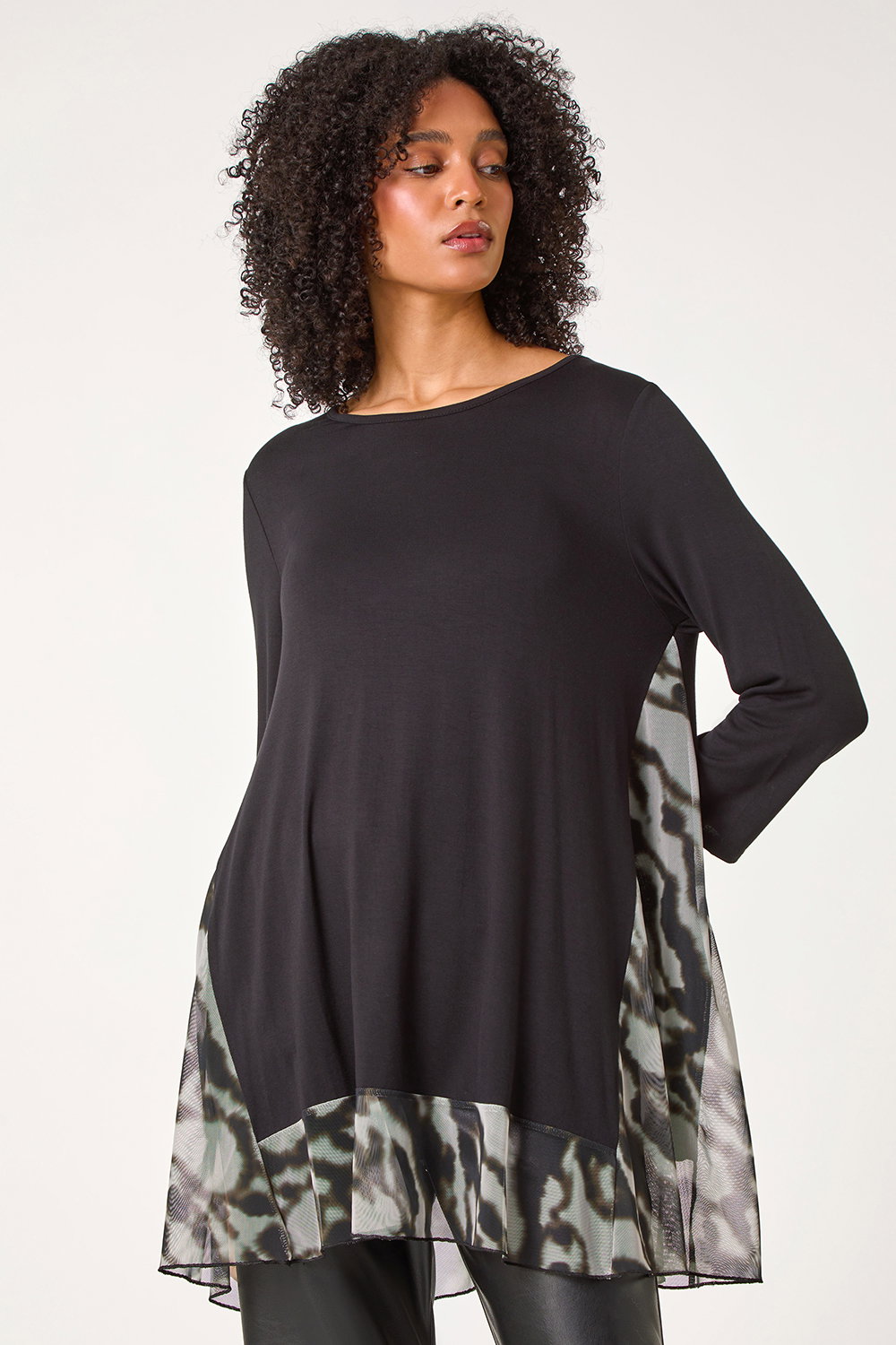Black Abstract Contrast Mesh Stretch Tunic, Image 1 of 5