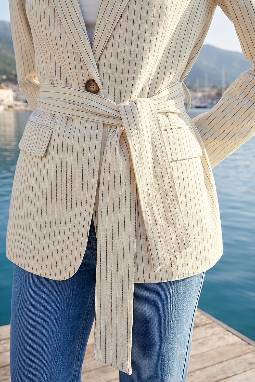 Stone Dusk Stripe Tie Belt Blazer, Image 5 of 5