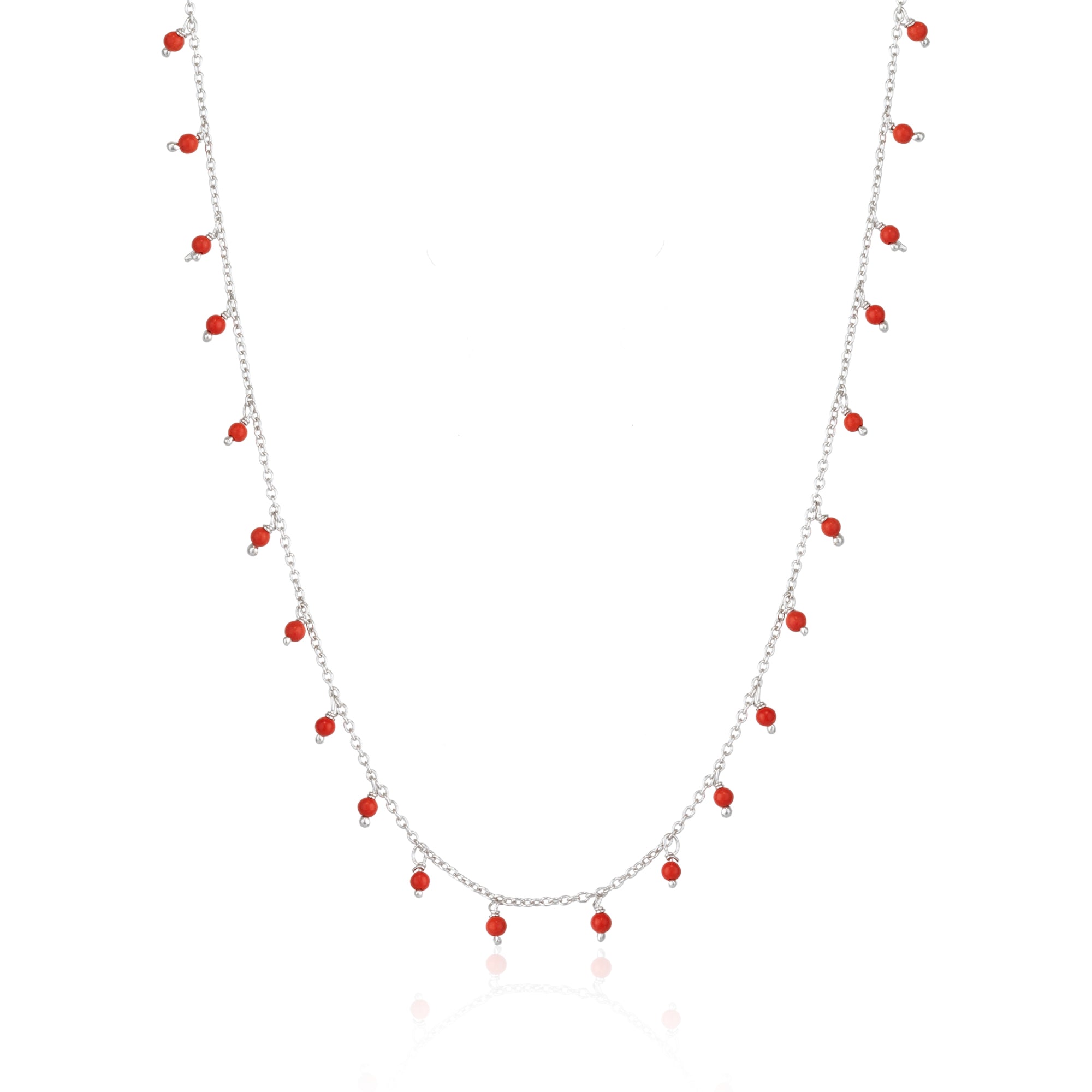 Silver Red Coral Beaded Sterling Silver Chain Necklace, Image 1 of 1