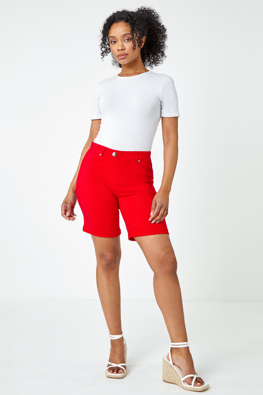 Red Petite Turned Hem Elastic Waist Shorts, Image 3 of 5