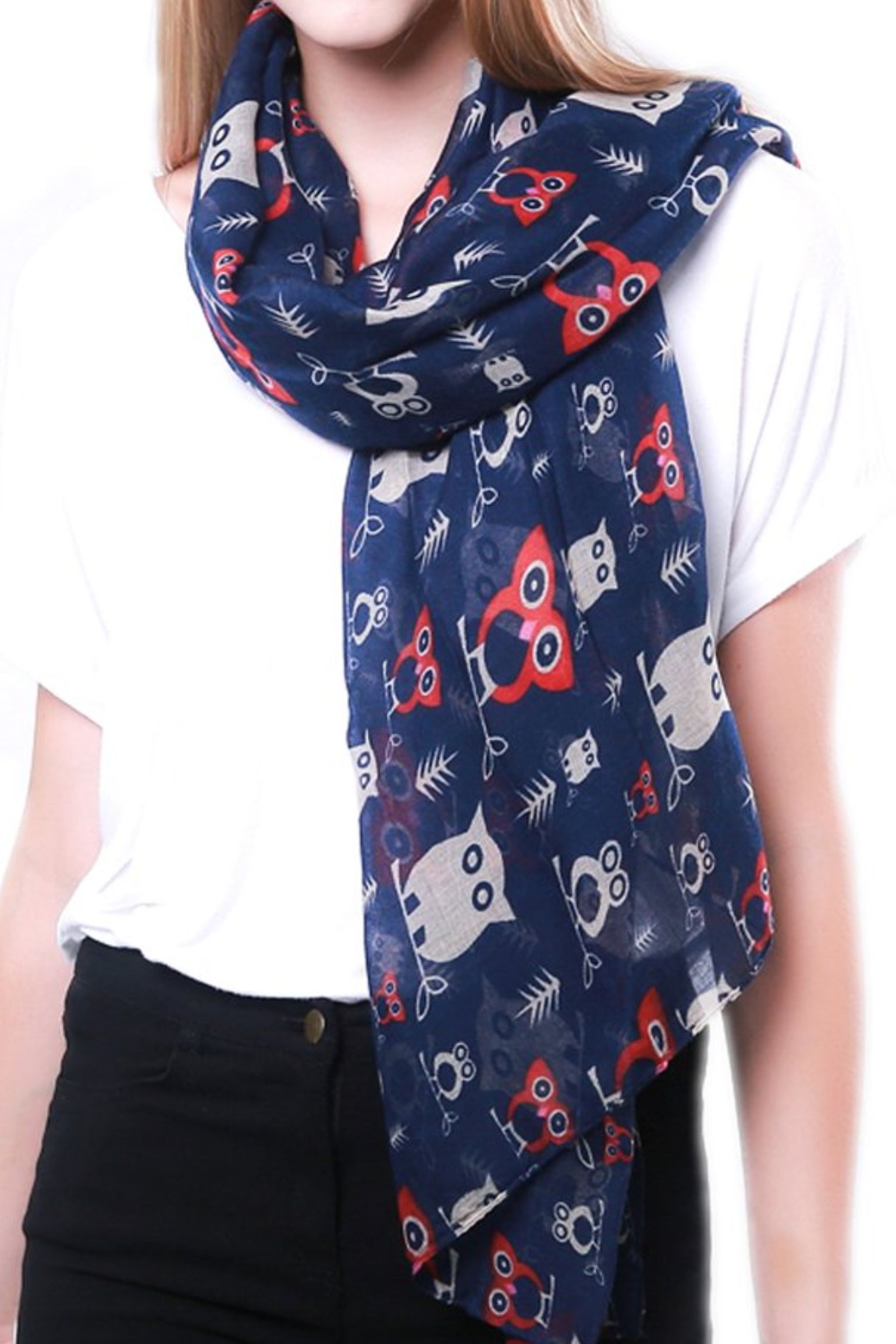 Navy Blue Owl Lightweight Scarf, Image 3 of 3