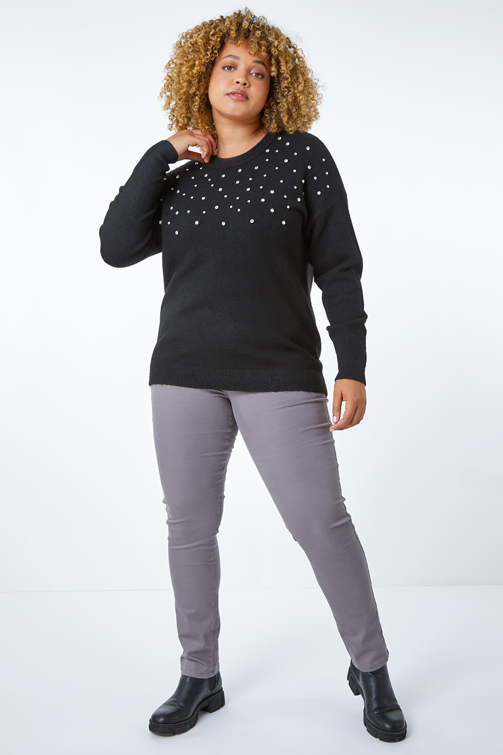 Black Curve Diamante Embellished Jumper, Image 5 of 5