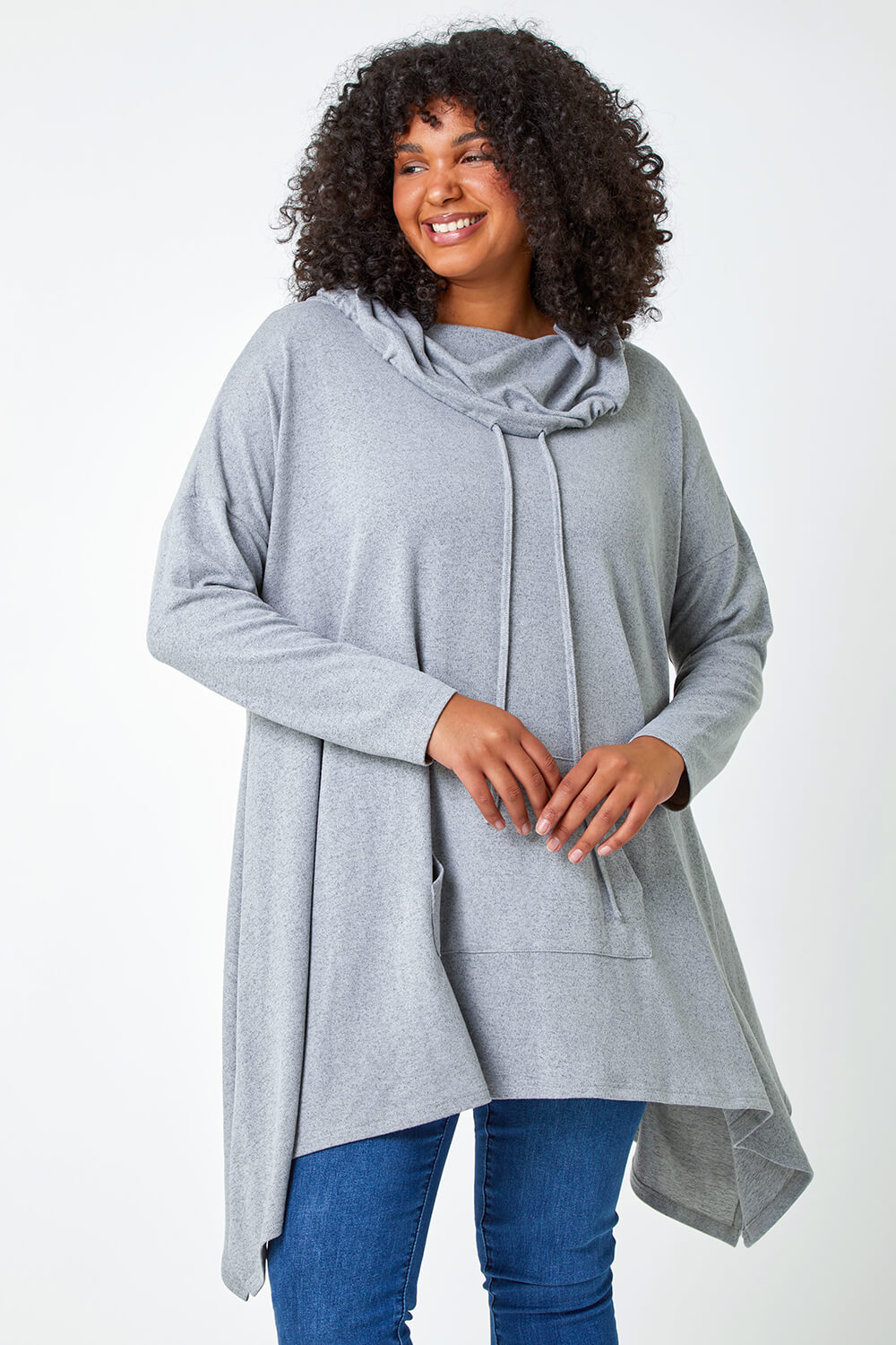 Grey Curve Cowl Neck Relaxed Stretch Tunic Top, Image 5 of 5