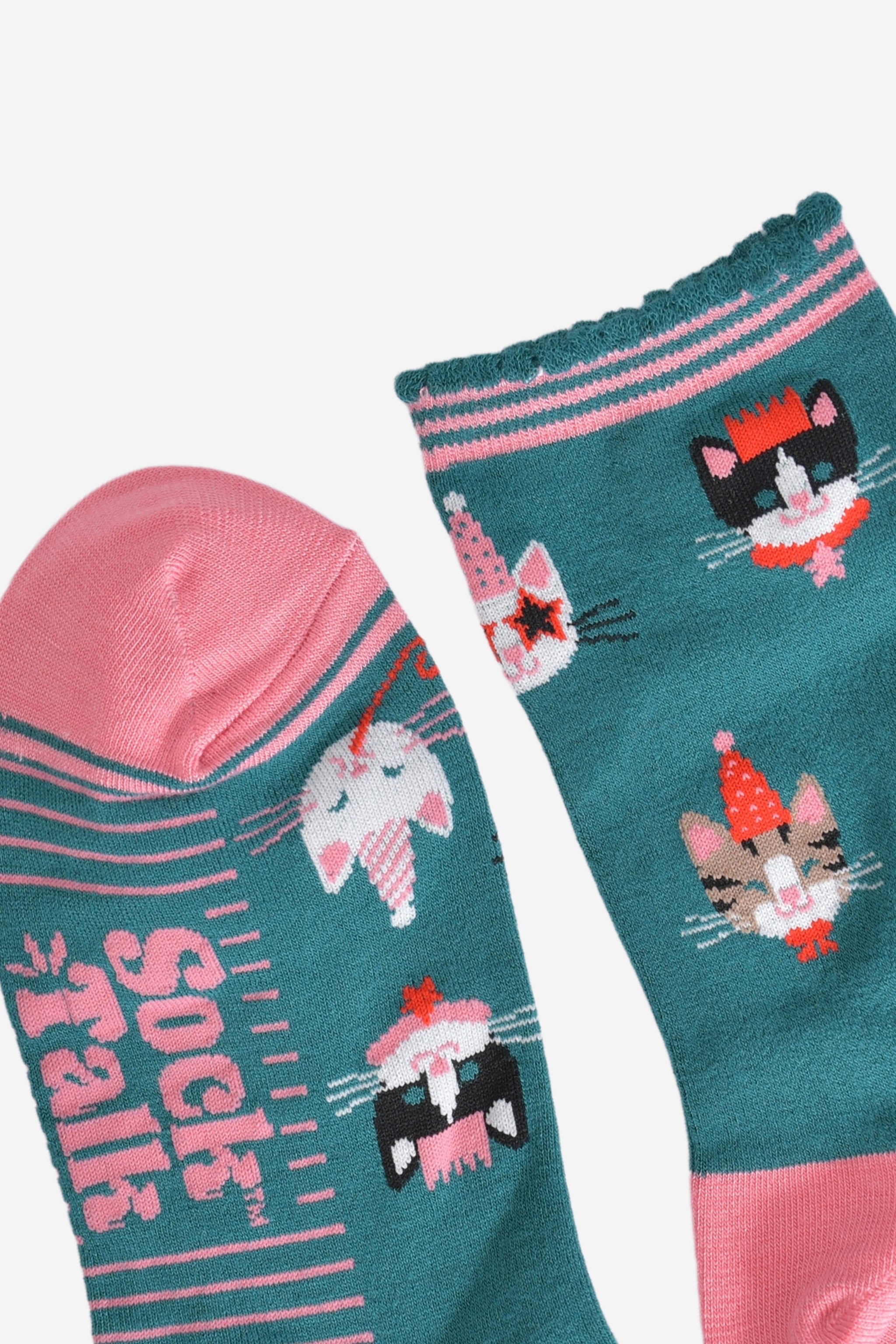 Green Funny Cats Christmas Party Bamboo Socks, Image 4 of 5
