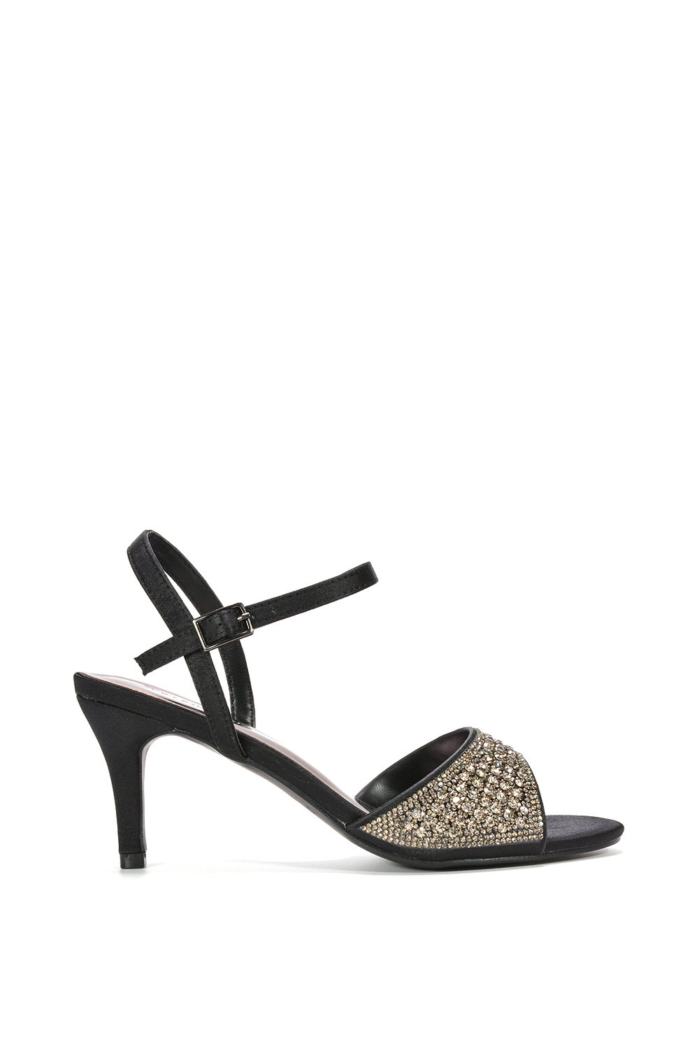 Black 'Kim' Ankle Strap Mid Stiletto Peep Toe Diamante Sparkly Heels